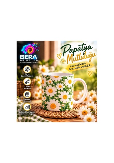 Bera Print Lab Papatya Desenli Kupa Bardak 300 Ml Çiçekli Kahve Ve Çay Kupası Hediyelik Kutulu Beyaz - 938831274 Beyaz