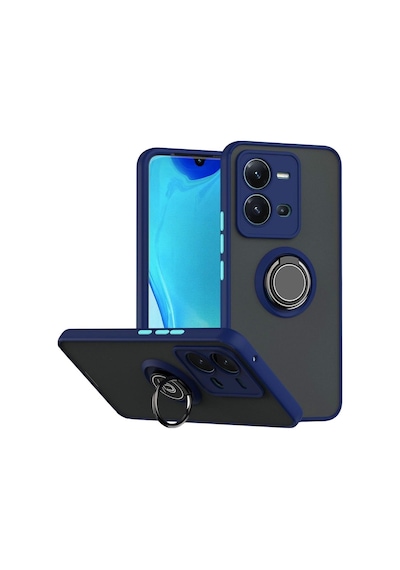Vivo V25 Uyumlu Kılıf Yüzüklü Standlı Extra Darbe Koruma Sert Silikon Kapak - Lacivert Lacivert
