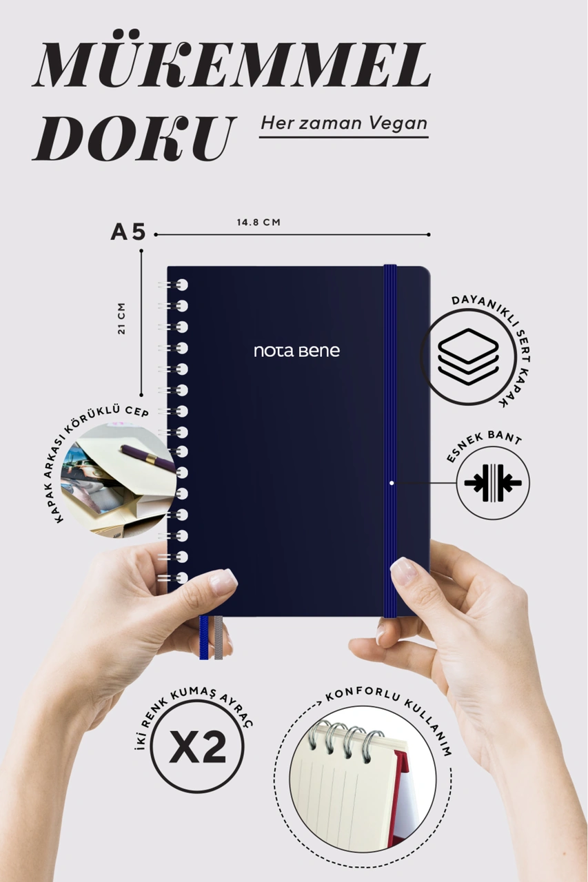 Nota Bene Spiralli Premium Sert Kapak Defter, 14.8x21 Cm, Çizgili Lacivert