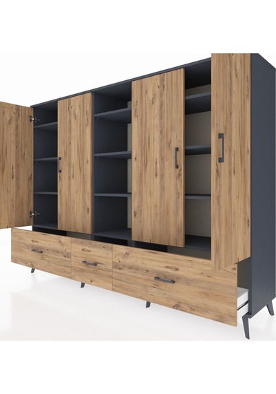 Hyperion Dolap 12 Raflı 3 Çekmeceli 4 Kapaklı 220x44x163 Antrasit Antrasit-çam