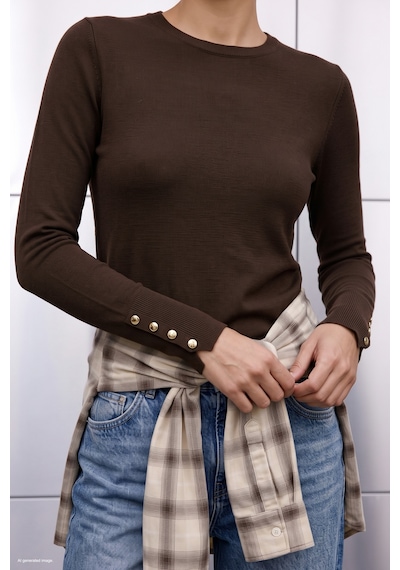 Sateen Uzun Kol Çıt Çıt Detaylı Triko - Kahve-137889