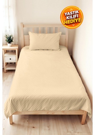 Krem Minimal Genç Odası Tek Kişilik Pike Takımı - Bej Geometrik 160x220 Cm Kapitone Yatak Örtüsü Ekru