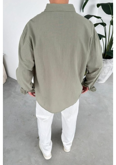 Haki Oversize Fresh Keten Gömlek Haki