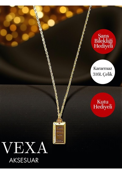 Külçe Altın Görünümlü Kararmaz 316l Çelik Kolye Stainless Steel - Kutu Ve Şans Bilekliği Hediye Altın