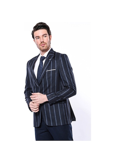 Wessi Çizgili Lacivert Slim Fit Ceket Siyah