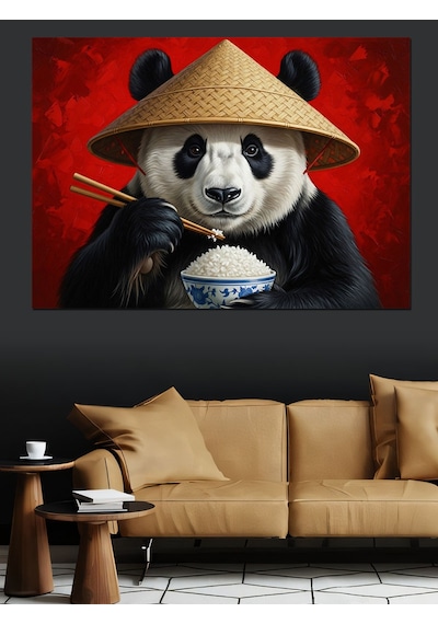 Pilav Yiyen Şapkalı Panda Portresi Dekoratif Kanvas - Mdf Ahşap Tablo