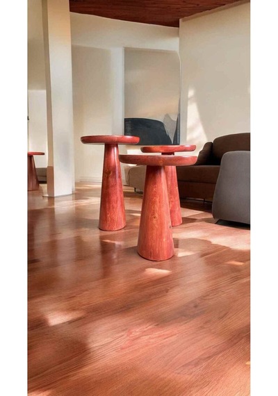 Ahşap Mantar Sehpa 3 Lü Set Maun Renk Masif Doğal Zigon Fiskos Takımı - Wooden Side Table Maun