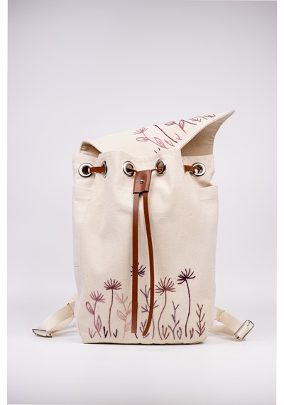 Fabric Craft Bag Sırt Çantası Kanvas El Nakışlı Astarlı Büzgülü 38x40 Krem