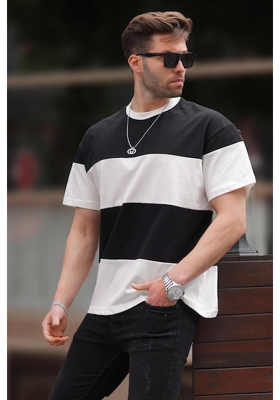 Madmext Siyah Oversize Renk Bloklu Bisiklet Yaka Tişört 7020-siyah Siyah