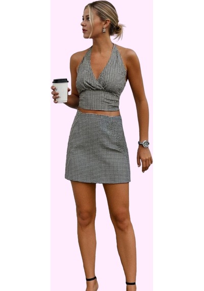 Ersefa Kadın Slim Fit Kareli Mini Örme Etek Şort Detaylı Rahat Yazlık Gü Siyah