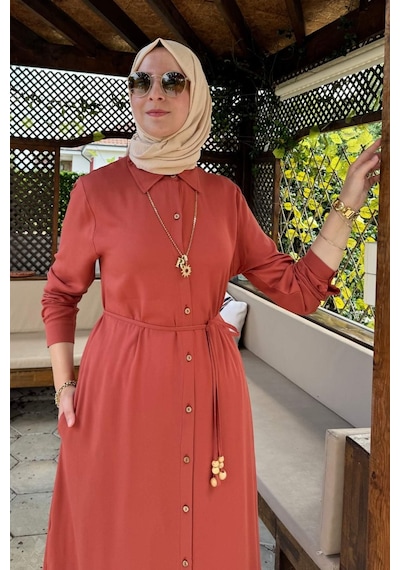 Rabia Şamlı Süreyya Gömlek Elbise Kiremit Normal