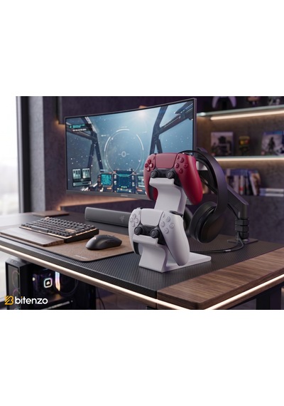3'lü Oyun Aksesuar Standı Çift Gamepad Ve Kulaklık Tutucu - Beyaz