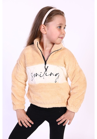 Toontoy Kids Toontoy Kız Çocuk Nakışlı Peluş Sweatshirt Bej