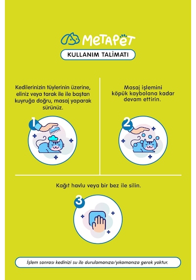 Metapet Kuru Köpük Kedi Şampuanı Hassas Ciltli Kediler İçin Doğal Susuz Yıkama 200 ML