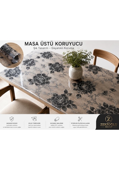 80 Cm X 120 Cm Masa Üstü Koruyucu Şeffaf Siyah Çiçek Desenli Pvc Masa Örtüsü Silinebilir Koruyucu Kaplama Beyaz