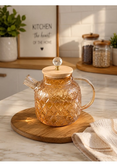 Qerhome Ateşe Dayanıklı Borosilikat Cam Demlik 1500 Ml Bambu Kapaklı Amber Cam Sürahili Çaydanlık Dh-41