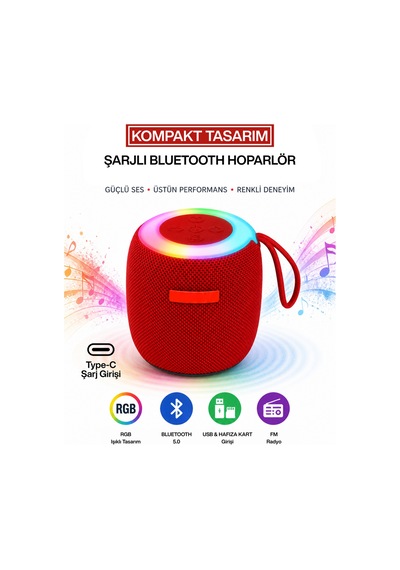 Rgb Işıklı Şarjlı Bluetooth Hoparlör - Type-c - Fm Radyo - Usb - Hafıza Kartı