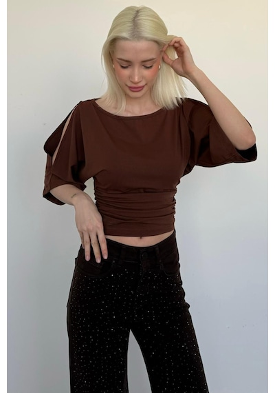 Madmext Kahverengi Belden Büzgülü Yarasa Kollu Açık Omuz Bluz Mg2672 Kahverengi
