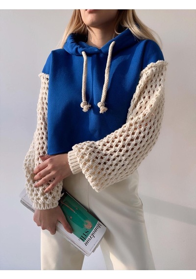 Mamayaga Kadın Kolları Triko Tasarım 3 İplik Uzun Kol Pamuk Crop Boy Şık Sweatshirt Mavi