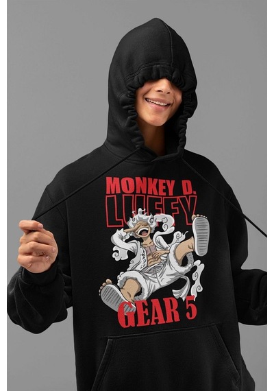 Monkey D. Luffy Gear 5 Baskılı Unisex Oversize Anime Hoodie Siyah