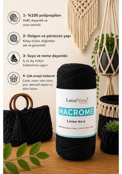 Lanaprime Makrome Örgü İpi 1,4mm 230mt Çanta İpi 200gr Polipropilen - Siyah