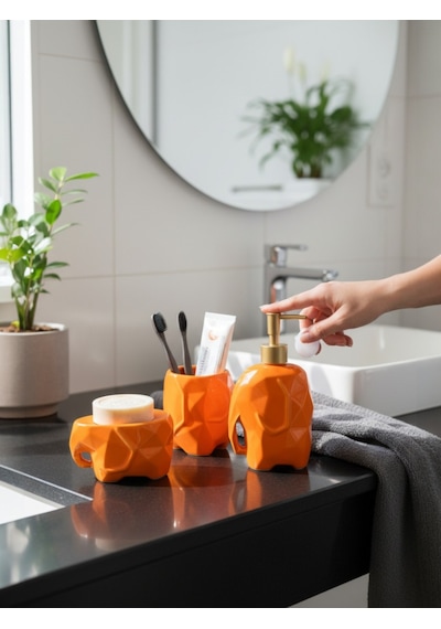 Fil Figürlü Seramik 3 Lü Banyo Seti Modern Dekoratif Banyo Aksesuar Seti Turuncu