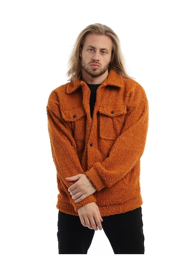 Polostate Erkek Kıvırcık Peluş Cıt Cıt Kapamalı Oversize Ceket Tarçın
