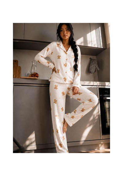 Fit Women Kadın Düğmeli Gömlek Yaka Ev Giyimi Beyaz Pijama Takımı