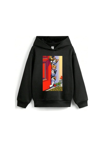 Stil X Sevimli Kediler Baskılı Kapüşonlu Çocuk Sweatshırt Siyah-3