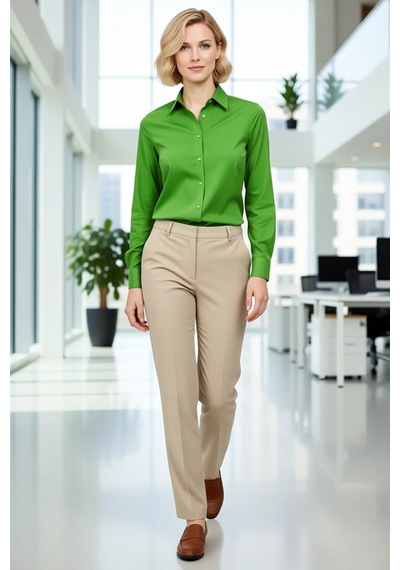 Ersefa Kadın Gömlek Düğmeli Klasik Yaka Uzun Kollu Dar Kalıp Günlük İş O Yeşil