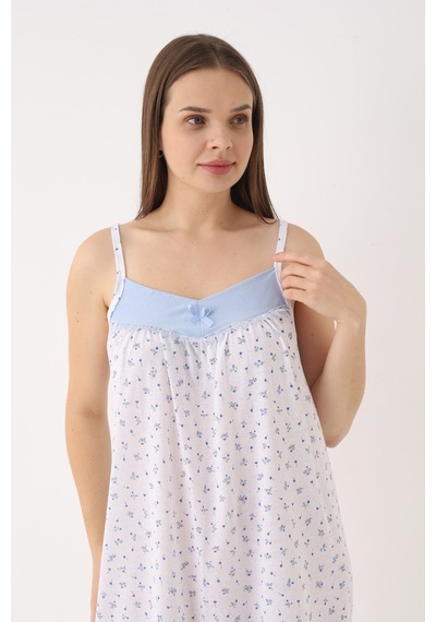 Yasar Underwear Kadın %100 Pamuk Askılı Gecelik V Yaka, Çiçek Desenli, Rahat Kalıp Açık Mavi Açık Mavi