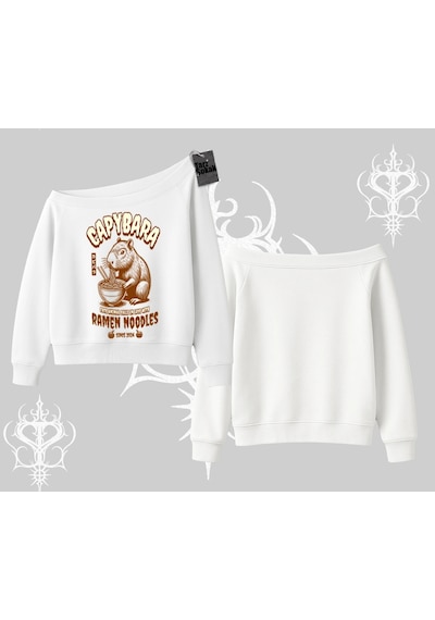 Startmore Kayık Yaka Sweatshirt Cute Capybara Enjoying Ramen Noodles Artwork Beyaz