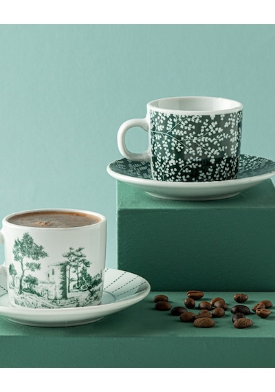 English Home Dear Porselen 4 Parça 2 Kişilik Kahve Fincan Takımı Koyu Yeşil