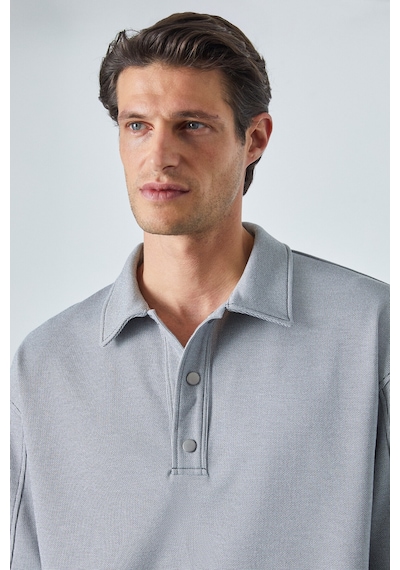 Grimelange Jucka Erkek Kısa Kollu Çıtçıt Kapamalı Oversize Fit Polo Yaka Gri T-shirt Gri