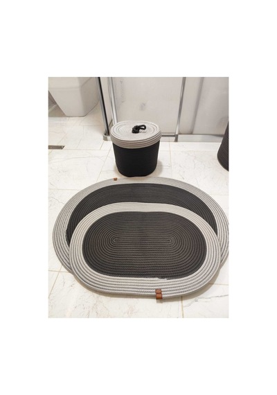 Jüt Hasır 3 Lü Banyo Paspas Takımı Bohem Tarzı Banyo Takımı Paspas:50x80/ 40x60 /sepet/25x25 Siyah Gri Siyah Gri