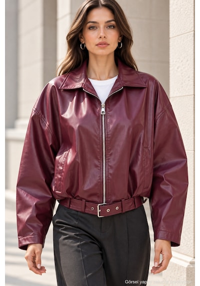 Polo State Kadın Bordo Kemer Detaylı Fermuarlı Oversize Suni Deri Ceket