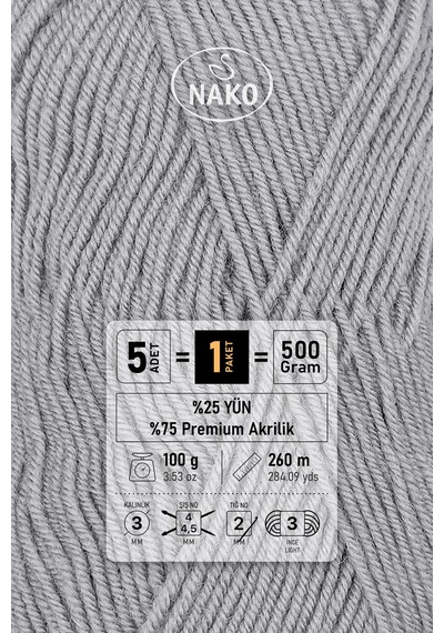 Süper İnci - 11538 Gri - 5'li Paket - 100gr/260m - El Örgü İpi - Atkı Yelek Kazak İpi