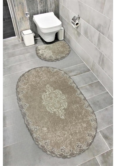 Milas Kaymaz Taban, Kadife Dantel Detaylı 2'li Süper Lüks Oval Banyo Paspası Seti, Koyu Kahverengi