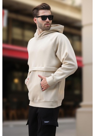 Madmext Bej Kapüşonlu Cep Detaylı Erkek Sweatshirt 7092 Bej