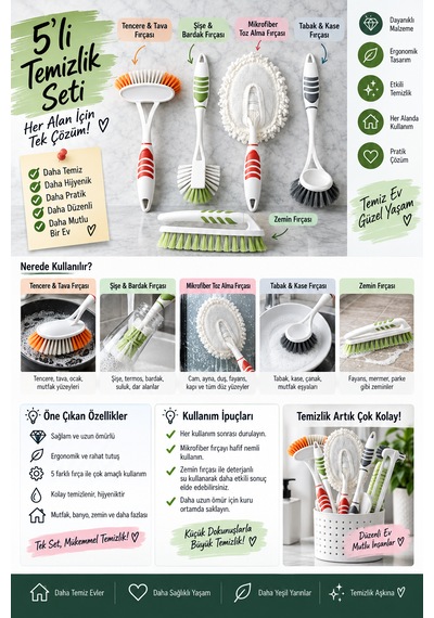 5'li Fırça Seti - Banyo, Bulaşık, Lavabo, Toz Alma Ve Halı, Yer Fırçası - Tek Set İle Tüm Işler