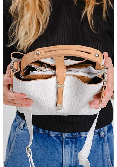 Just Polo Kadın Orta Boy Ayarlanabilir Askılı Şık El & Omuz Çantası Shoulder Bag Beyaz Taba