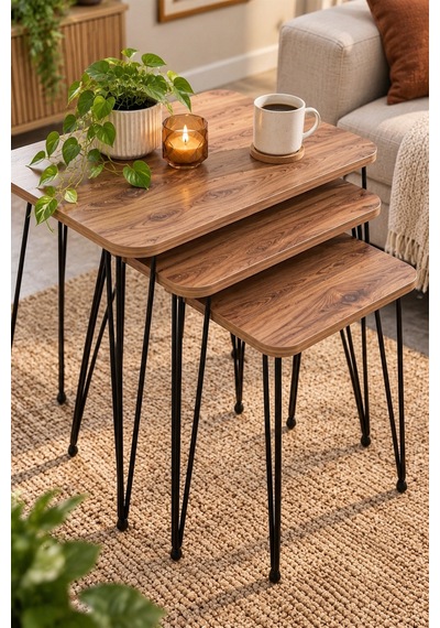 Sulorahome Ceviz Desenli Metal Tel Ayaklı 3'lü Zigon Sehpa Takımı