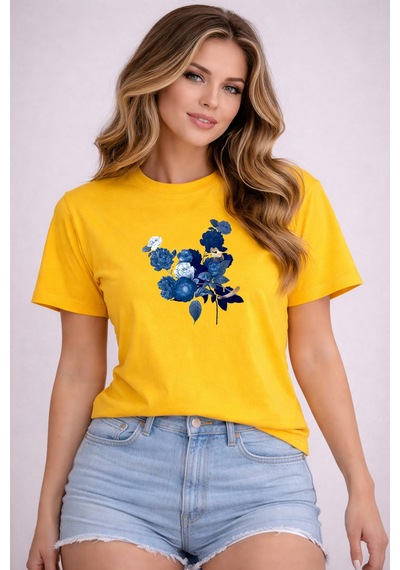 Herkesemoda Mavi Çiçekler Baskı Detaylı Basic T-shirt Sarı