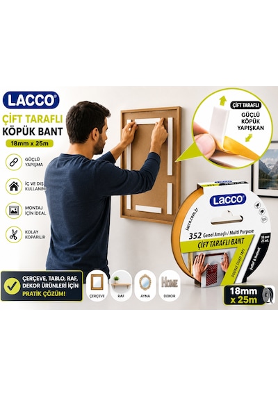 Lacco Çift Taraflı Köpük Bant 18 Mm X 25 M Güçlü Yapışkanlı Montaj Bandı Çok Amaçlı Beyaz 1 Adet