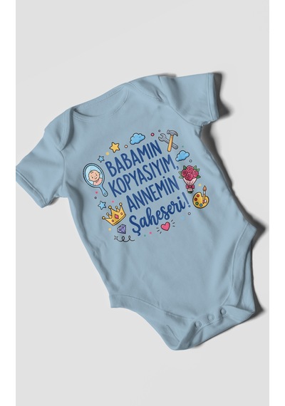 Morivokids Babamın Kopyasıyım Annemin Şaheseri Kısa Kollu Bebek Body %100 Pamuk Bebe Mavisi