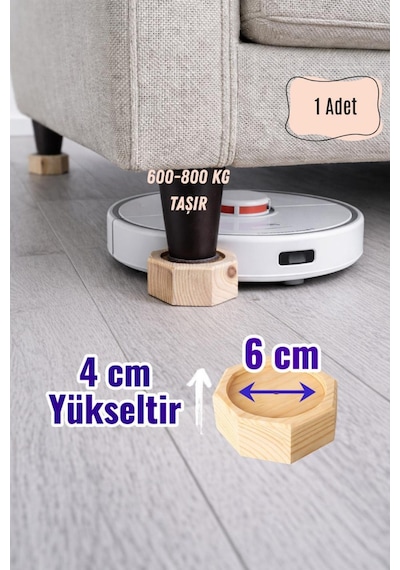 Robot Süpürge İçin Ahşap Koltuk Baza Yükseltici 4cm Yükseltir, Çap.6 Oyuklu Takoz 1 Adet