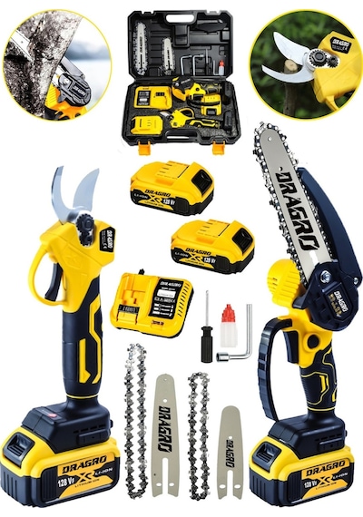 Dragro DRG-128 Sarı 2li Set 128 Vf 10 Ah Çift Akülü Çelik Şanzıman Şarjlı Dal Ağaç Kesme Bağ Makası 2 Akülü Sarı