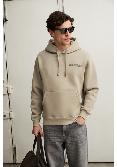 Grımelange Plaın Erkek Organik Pamuklu İçi Polarlı Kangru Cepli Bakılı Rwgular Taş Rengi Sweatshirt Taş Rengi