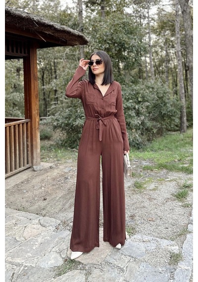 Kadın Kahve Uzun Kol, Yuvarlak Yaka, Beli Lastikli Ve Kemerli, Çift Cepli, Salaş Tulum Kahve