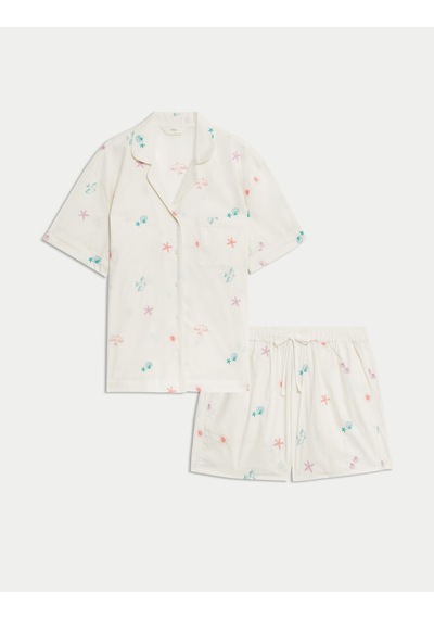 Marks & Spencer Saf Pamuklu Nakışlı Kısa Pijama Takımı T37002146J Krem